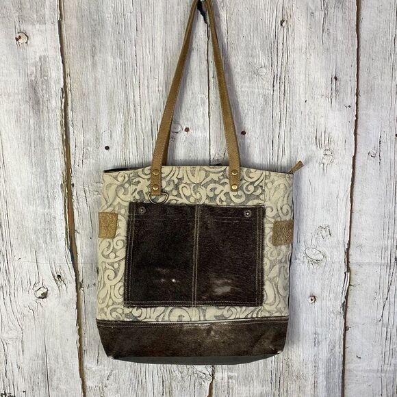 Myra The Gypsy Upcycled Canvas and Genuine Cowhide Leather Tote Bag - Picture 3 of 12